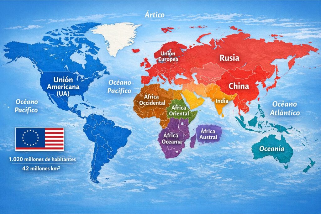 Mapa conceptual del mundo reorganizado con una Unión Americana abarcando todo el continente, junto a los otros bloques globales: Unión Europea, China, India, África y Oceanía.